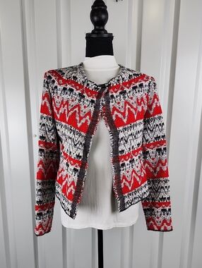 IRO Womens Textured Knit Kroe Jacket Black White Red Size FR38 US 4-6 Open Front